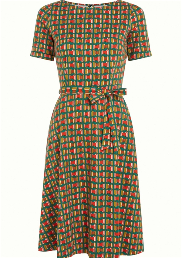 Flot grøn retro kjole med grafisk retro print og bindebånd fra King Louie