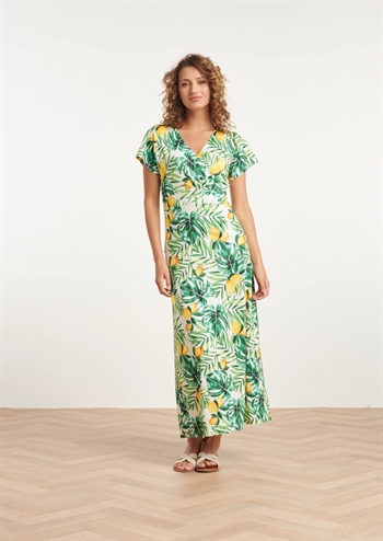 Flot, lang grøn og gul mønstret kjole med V-hals effekt og bindebånd fra Smashed Lemon