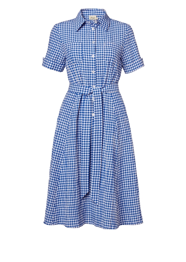 Skøn blå ternet "crepet" kjole med søde detaljer og bindebånd fra Jumperfabriken! Findes også i en pink variant