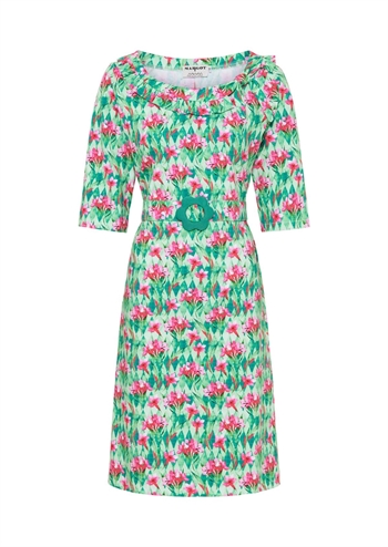 Skøn grøn blomstret retro kjole med fine detaljer fra MARGOT