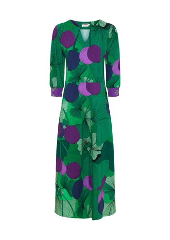 Skøn grøn retro kjole med grafisk print og flotte detaljer fra MARGOT