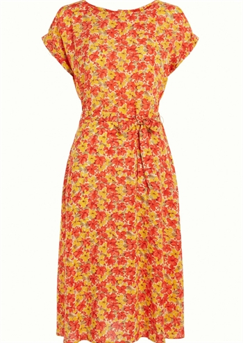 Gul, orange skøn blomstret kjole med bindebånd og retro print fra King Louie