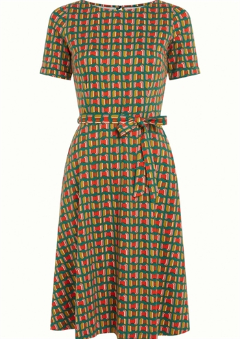 Flot grøn retro kjole med grafisk retro print og bindebånd fra King Louie