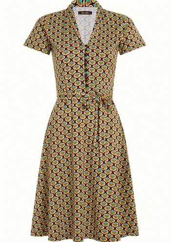 Kortærmet kjole med grafisk retro print, krave, knapper og bindebånd fra King Louie