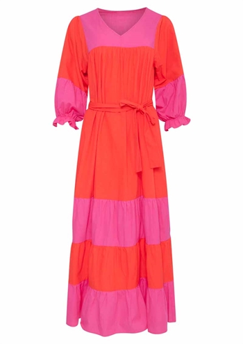 <h2>Orange rød og pink maxi kjole med sød v-hals og ærme med elastik fra Smashed Lemon</h2>