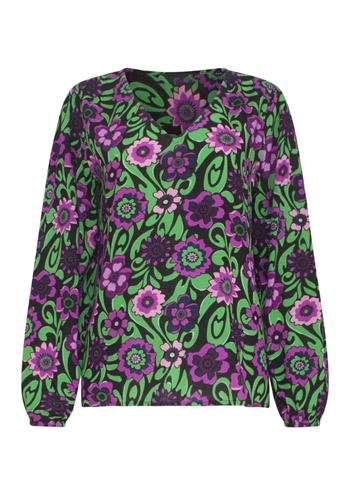 Sort bluse med grønt og lilla blomstret print fra Smashed Lemon