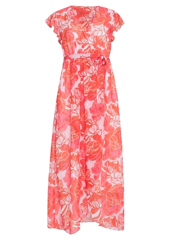 Flot lang rød og pink kjole med søde flæser ved ærmegabet og v-hals med cross over effekt fra Smashed Lemon