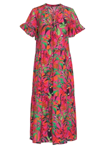 Flot, lang rød lilla kjole med grafisk print, sidelommer og bindebånd fra Smashed Lemon