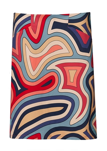 Flot multifarvet nederdel i varme nuancer med grafisk print, lommer og skøn pasform fra du Milde