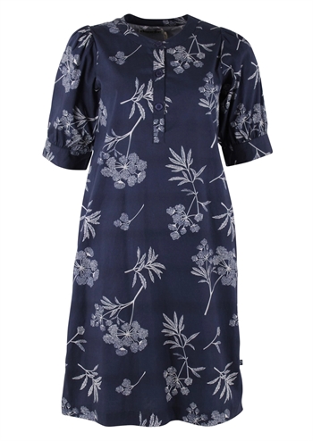 Mørkeblå kjole med blomstret mønster i hvid, knapper og korte ærmer fra Danefæ