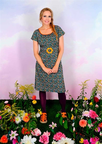 <h2>Multifarvet retro kjole med blomster print og orange bord m/blomst fra MARGOT</h2>