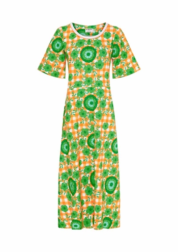 <h2>Orange ternet kortærmet retro kjole med grønt grafisk print fra MARGOT</h2>