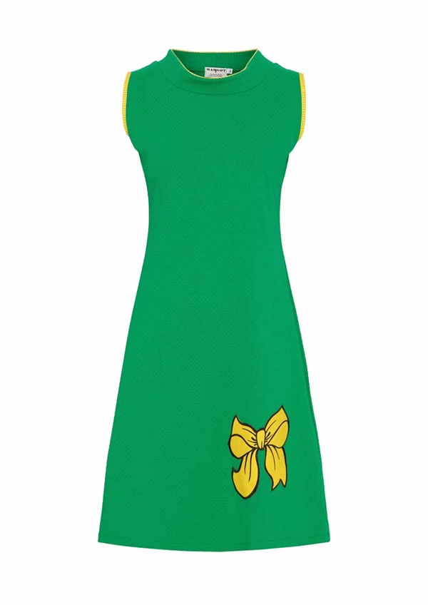 <h2>Grøn retro kjole med sødeste sløjfe med gul tittekant ved ærmegabet fra MARGOT</h2>