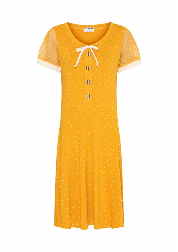 Gul mango farvet retro kjole med prikker og flotte mesh ærmer med hvid kontrast kant fra MARGOT