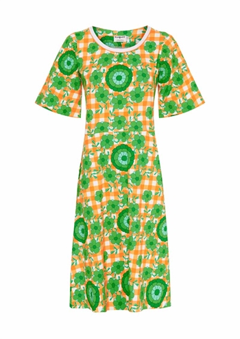 <h2>Orange ternet kortærmet retro kjole med grønt grafisk print fra MARGOT</h2>