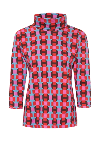 Lyserød bluse med rullekrave og retroprint fra MARGOT