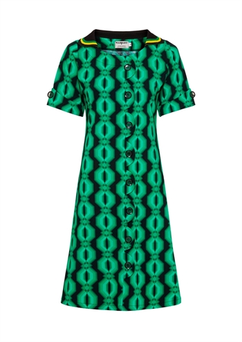 Grøn kjole med retro print, knapper og krave fra MARGOT