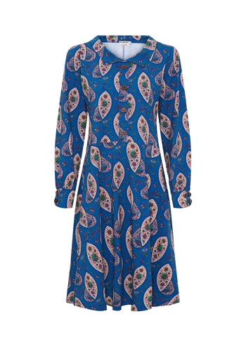 Blå kjole med retro print, krave og lange ærmer fra MARGOT