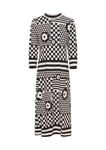 Skøn sort og hvid retro kjole med striber og tern og flotte detaljer fra MARGOT