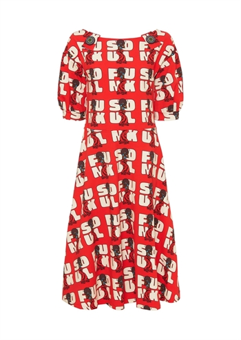 Skøn rød retro kjole med flot grafisk retro print fra MARGOT