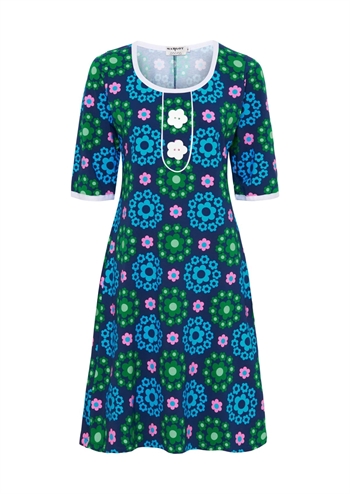Skøn blå, grøn og pink retro kjole med kontrast kant og grafisk print fra MARGOT