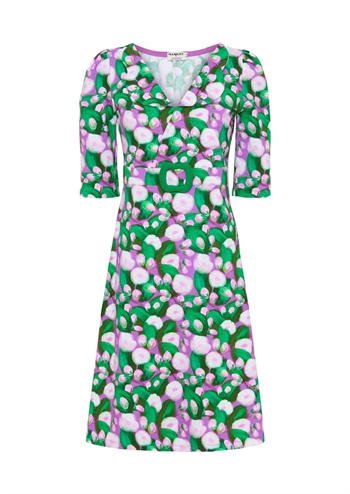 Skøn grøn og lilla retro kjole med grafisk print og flotte detaljer fra MARGOT