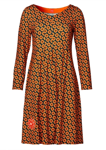 Skøn petrol retro kjole med grafisk print af orange blomster fra du Milde
