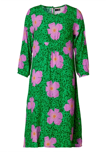 Grøn skøn og rummelig kjole med grafisk print med lilla blomster fra du Milde etc.