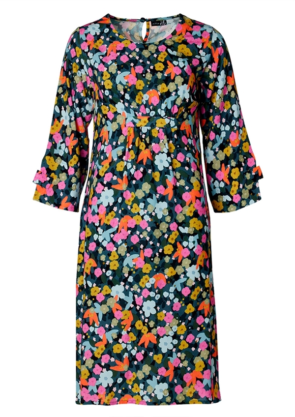 Flot petrol bundfarvet kjole med det sødeste retro blomsterprint og sidelommer fra du Milde etc.