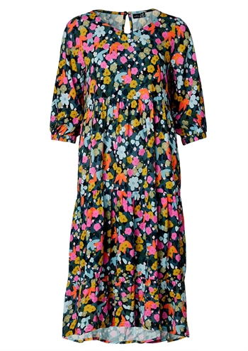 Flot petrol bundfarvet kjole med det sødeste retro blomsterprint med sidelommer fra du Milde etc.