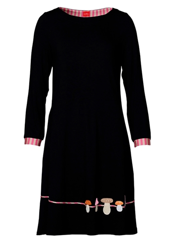 Skøn sort retro kjole med hækleri med champignoner og stribet kontrast kant på ærmet fra du Milde