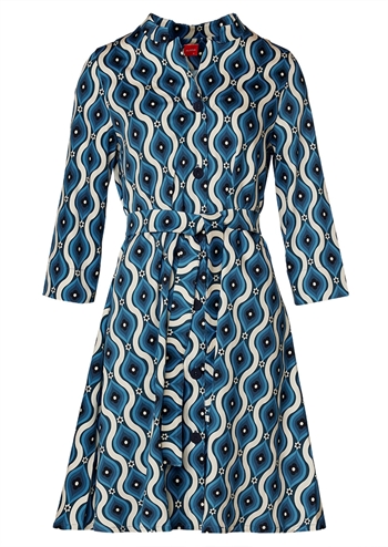 Flot blå retro kjole (kan også anvendes som jakke) med grafisk print, bindebånd og lommer fra du Milde