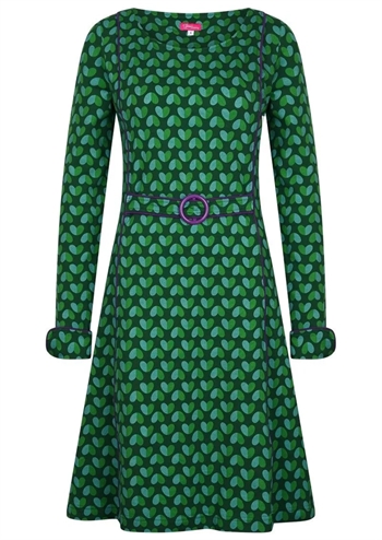 Grøn kjole med hjerteprint, bælte og lange ærmer fra Tante Betsy