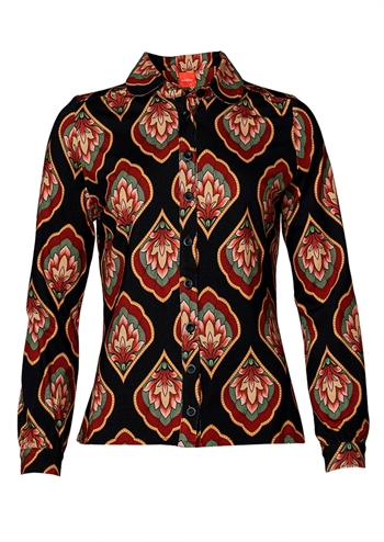 Skøn sort og beige langærmet skjorte bluse med grafisk print fra du Milde