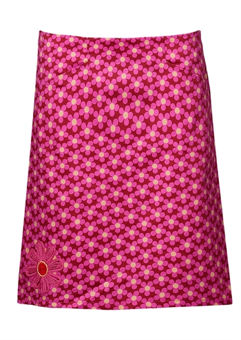 Skøn pink retro nederdel med grafisk blomsterprint, hækleri samt 2 lommer foran fra du Milde