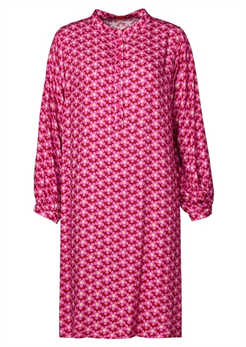 Skøn pink retro kjole med grafisk blomsterprint og stolpelukning fra du Milde