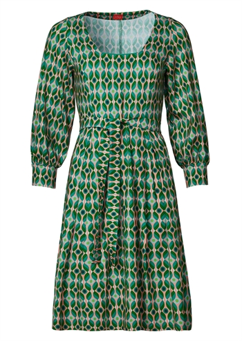 Grøn kjole med grafisk print, lange ærmer og bindebånd fra du Milde