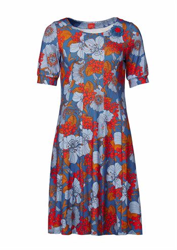 Blå kjole med frisk orange, blomstret retro print med blød v-hals og skøn pasform fra du Milde