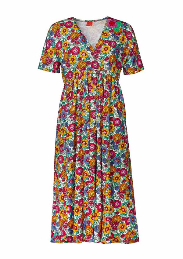 Farverig blomstret kjole med V-hals fra du Milde