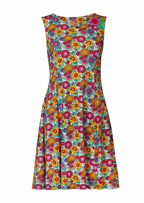 Farverig, ærmeløs blomstret kjole med rund hals og skøn pasform fra du Milde