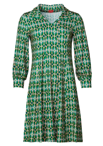 Grøn kjole i retro-print og med lange ærmer fra du Milde