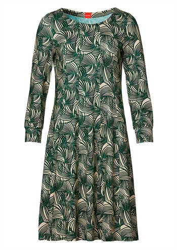 Skøn grøn retro kjole med grafisk print og hækleri fra du Milde