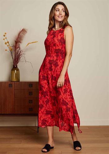 Rød blomstret kjole med bindebånd og retro blomster print fra King Louie